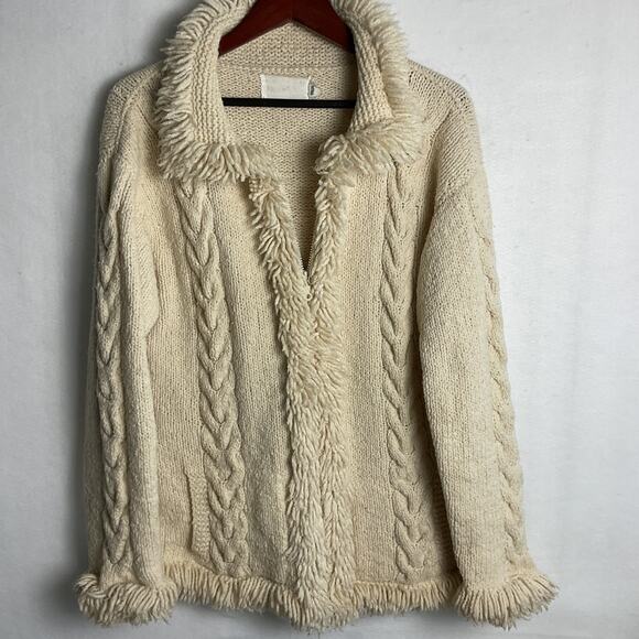 Vintage Amano Beige Wool Cable Knit Womens Size Large Zipped Cardigan Sweater - Picture 2 of 11